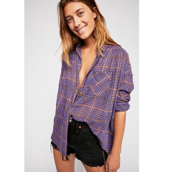 Free People Tops - Free People Cotton Break My Stride Buttondown Top Violet Combo Purple Slouchy